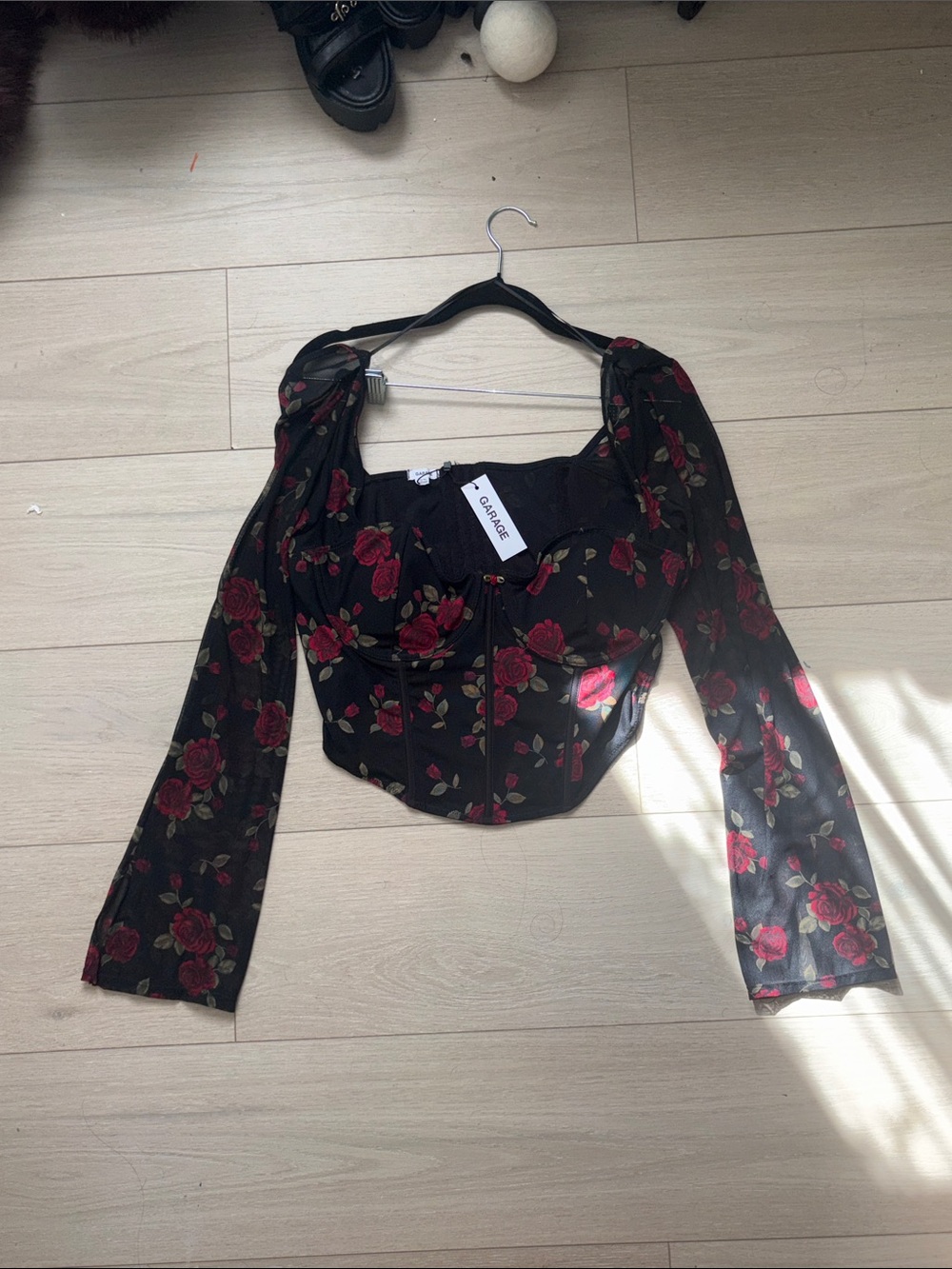 Grace Black Long-Sleeve Rose Corset Top